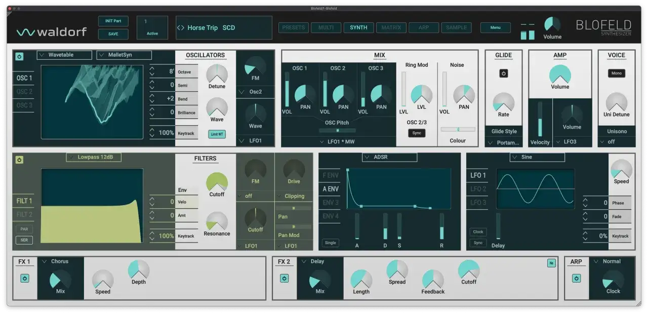 Waldorf Blofeld Synthesizer-Interface mit Oszillatoren, Filtern, Effekten und ADSR-H&uuml;llkurven.