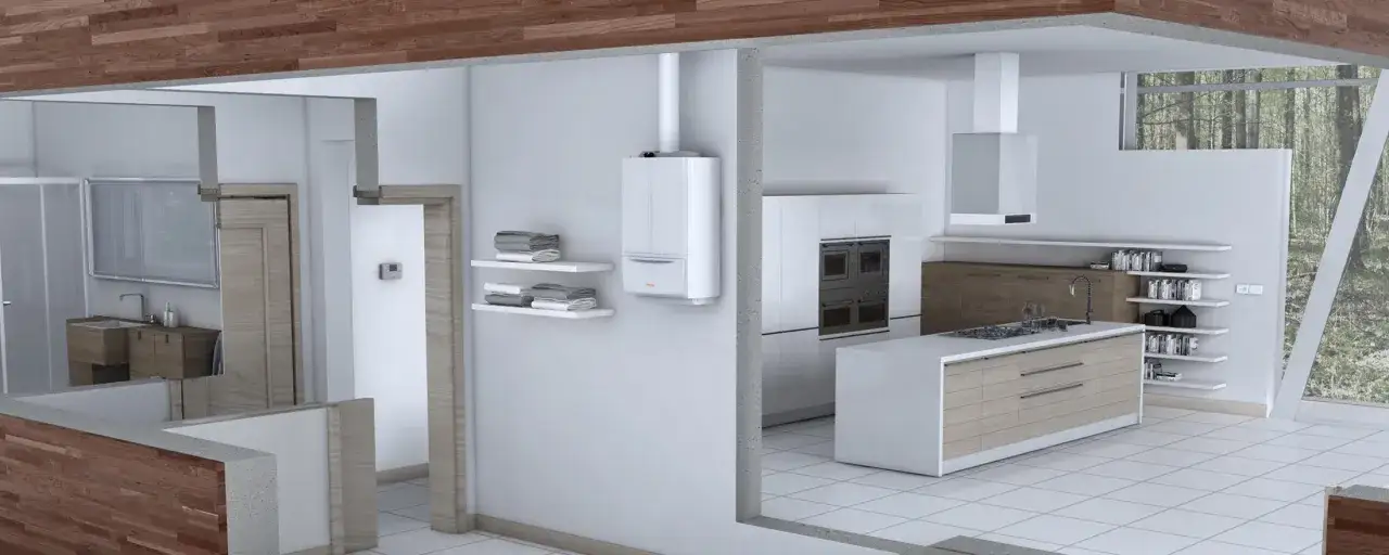 Caldaia istantanea a condensazione, moderna e compatta, installata in un ambiente domestico con cucina e bagno.