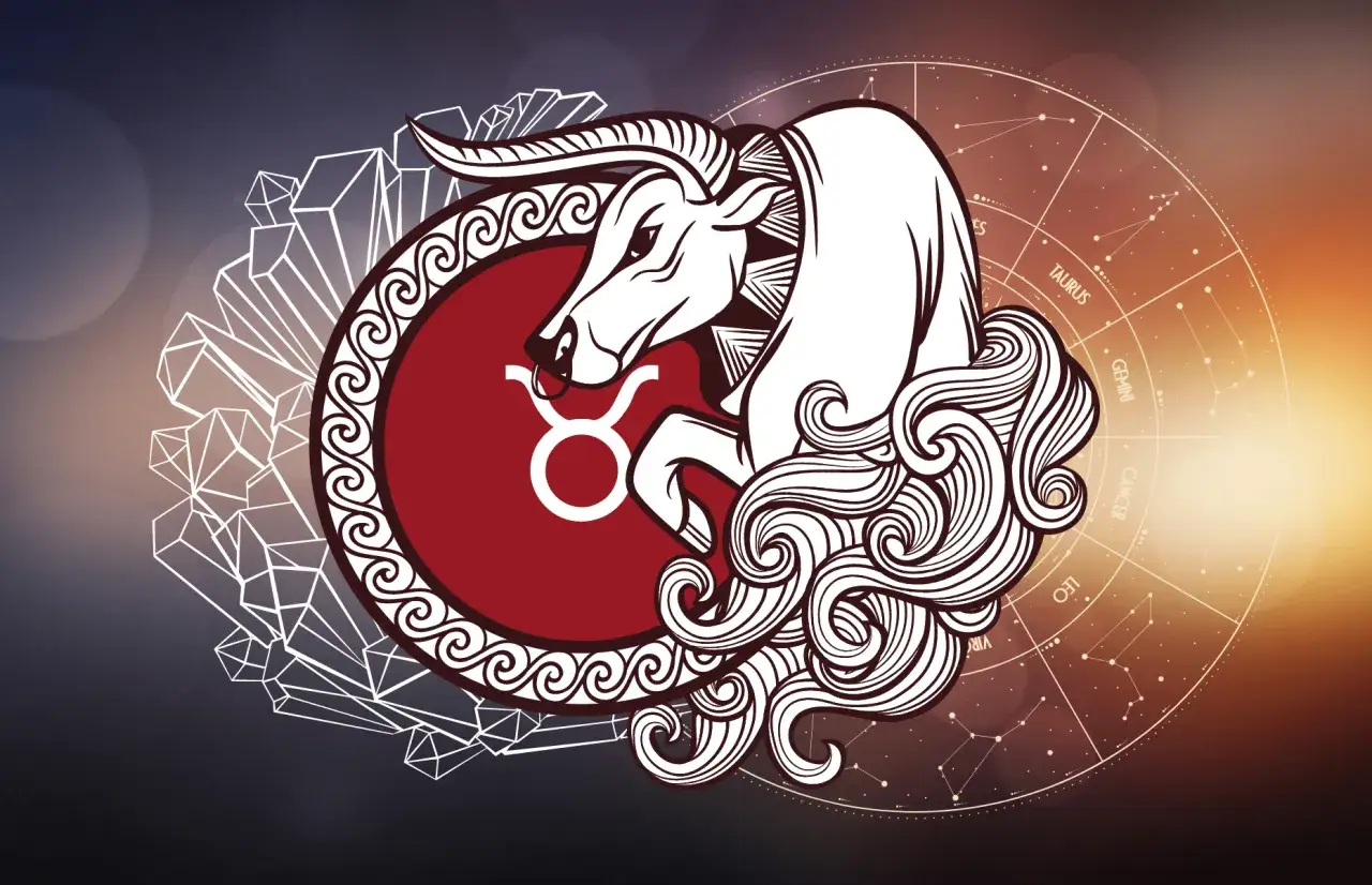 Symbol zodiaku Byk, żywioł ziemi, otoczony kryształami i kołem z gwiazdozbiorami.