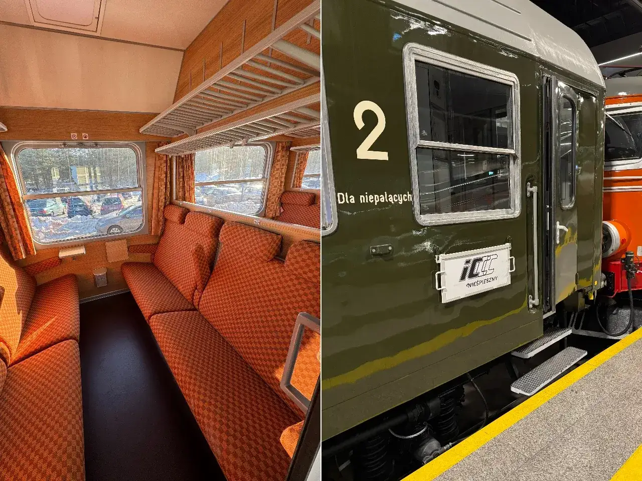 Wnętrze wagonu pociągu pospiesznego z pomarańczowymi siedzeniami i bagażnikami nad nimi. Zewnętrzna strona wagonu w kolorze zielonym z napisem 
