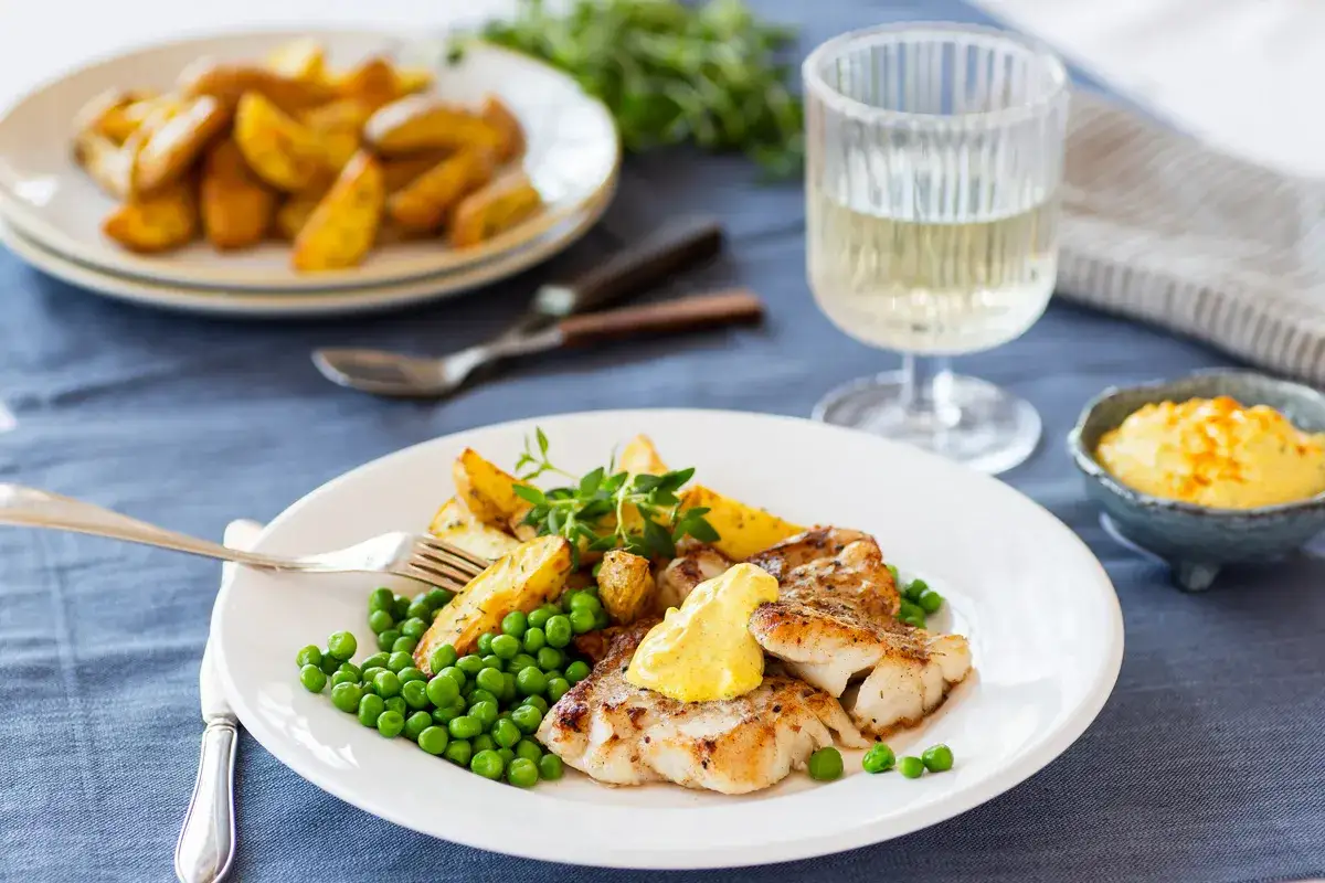 Tallrik med stekt fisk, klyftpotatis och gr&ouml;na &auml;rtor. En klick kr&auml;mig remoulads&aring;s toppar fisken. Ett glas vitt vin st&aring;r bredvid.