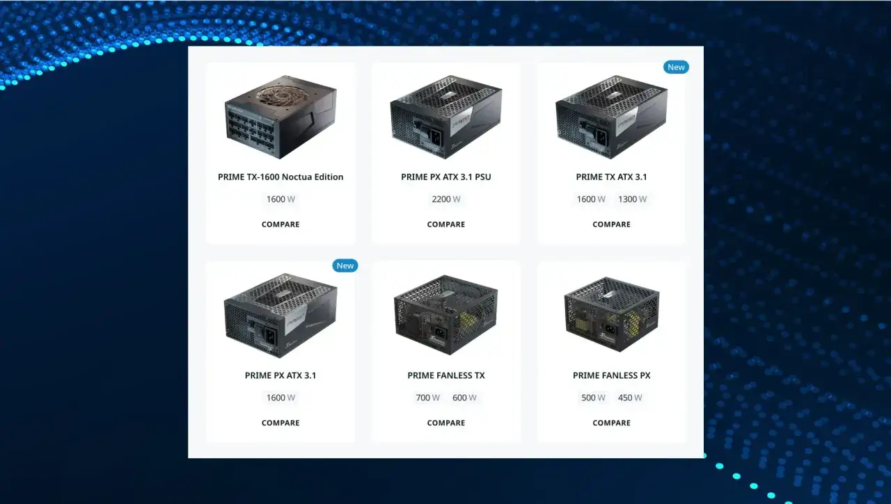 Comparaison de plusieurs modèles d'alimentation PC, allant de 450W à 2200W, dont des versions 