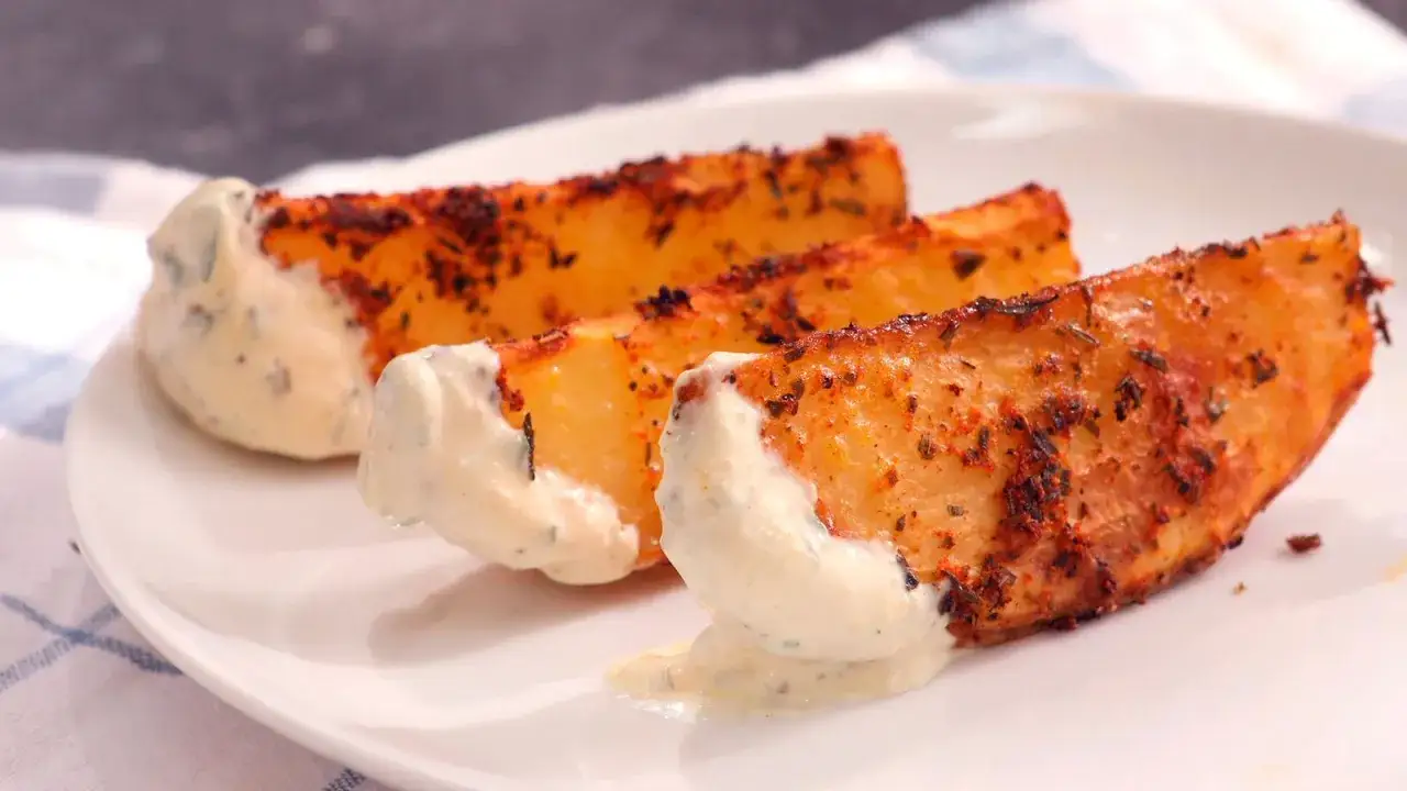 Tres patatas deluxe crujientes y especiadas, servidas con una cremosa salsa de hierbas en un plato blanco.