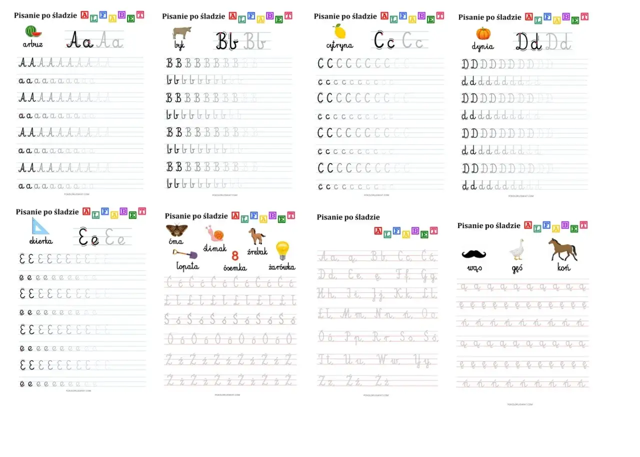 Ćwiczenia grafomotoryczne nauka pisania wyraz&oacute;w dla dzieci do druku. Arkusze z literami A, B, C, D, E, a, b, c, d, e.