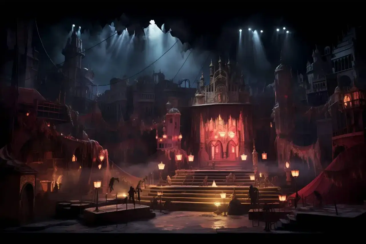 Mroczna, teatralna scena z fantastycznymi budowlami i postaciami. To **theatrum mundi**, gdzie każdy jest aktorem na scenie życia.