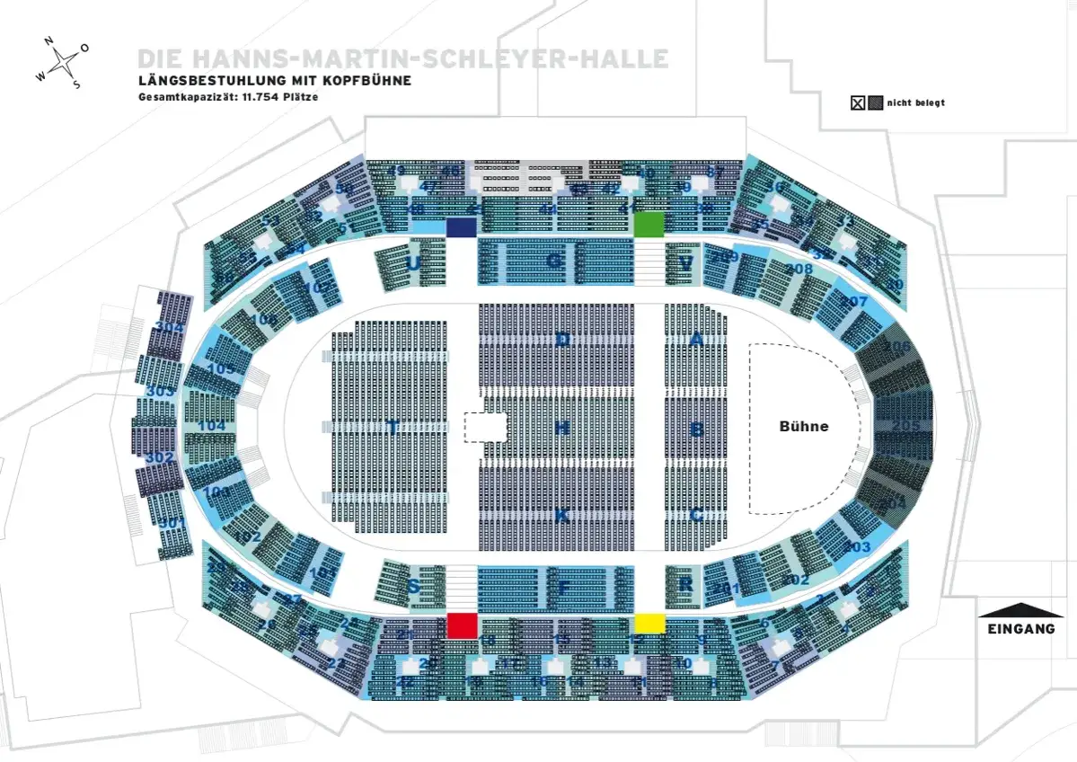 Sitzplan der Porsche Arena mit nummerierten Bl&ouml;cken und der B&uuml;hne.