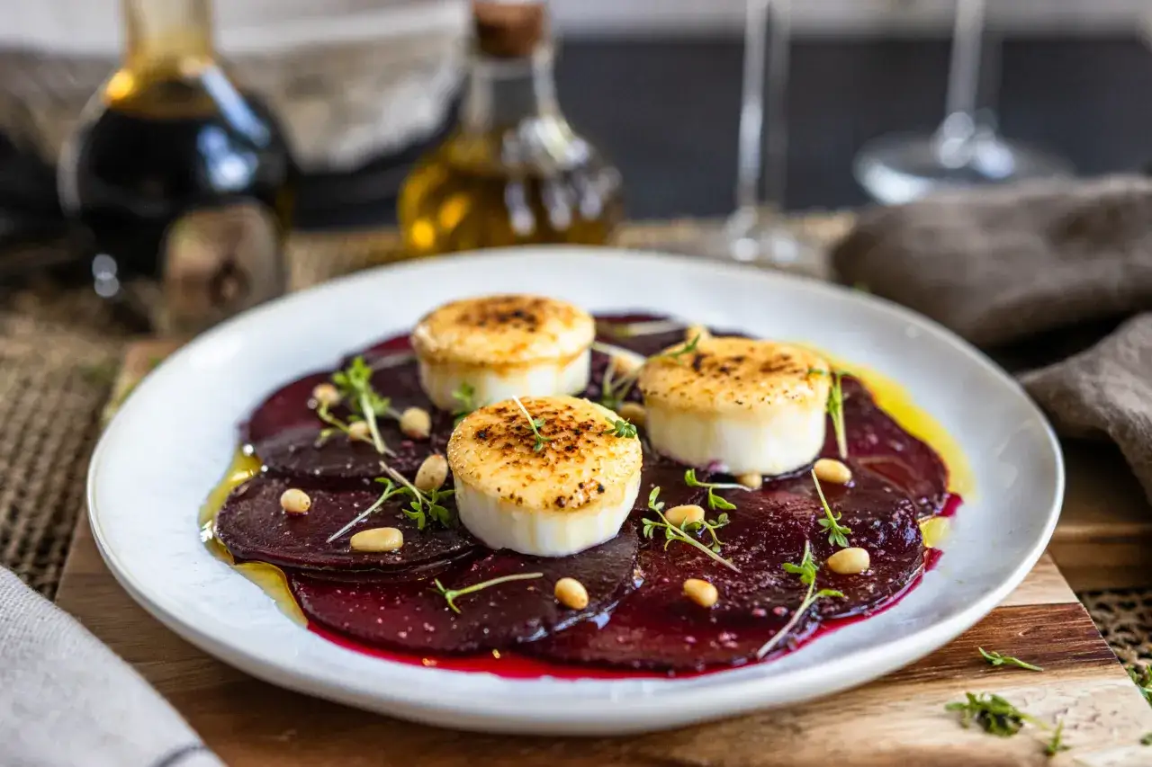 Rote Bete Carpaccio mit gebratenem Ziegenkäse, Pinienkernen und frischen Kräutern. Ein köstlicher Genuss.