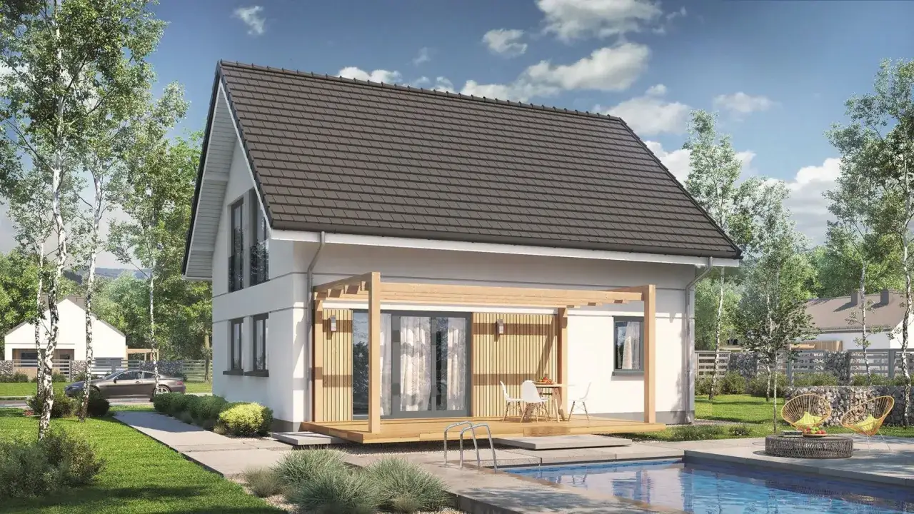 Nowoczesny dom z basenem i tarasem. Zastanawiasz się, ile kosztuje dom 35m2? Ten projekt może być inspiracją.