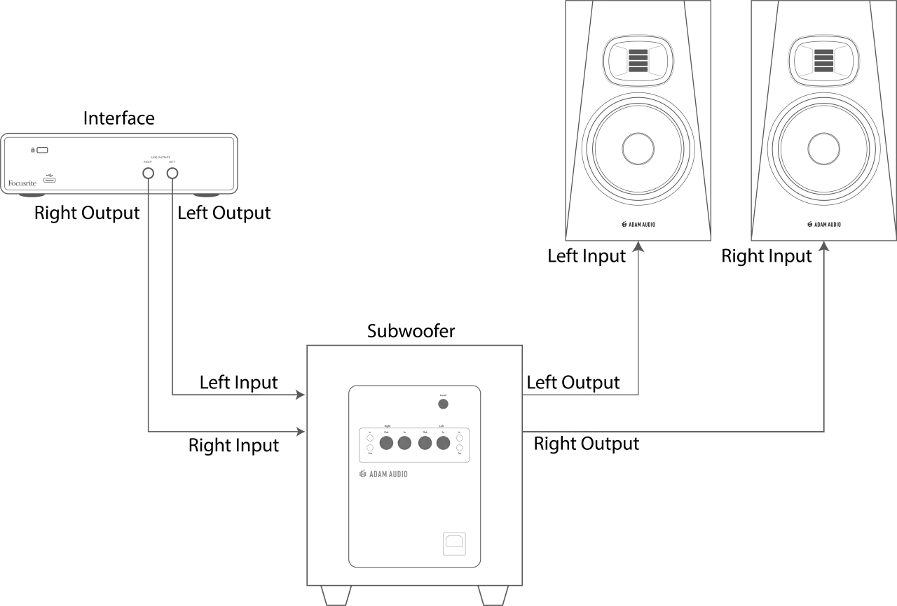 Diagrama de conexión: interfaz de audio Focusrite con salidas de línea conectadas a un subwoofer y dos monitores de estudio ADAM AUDIO.