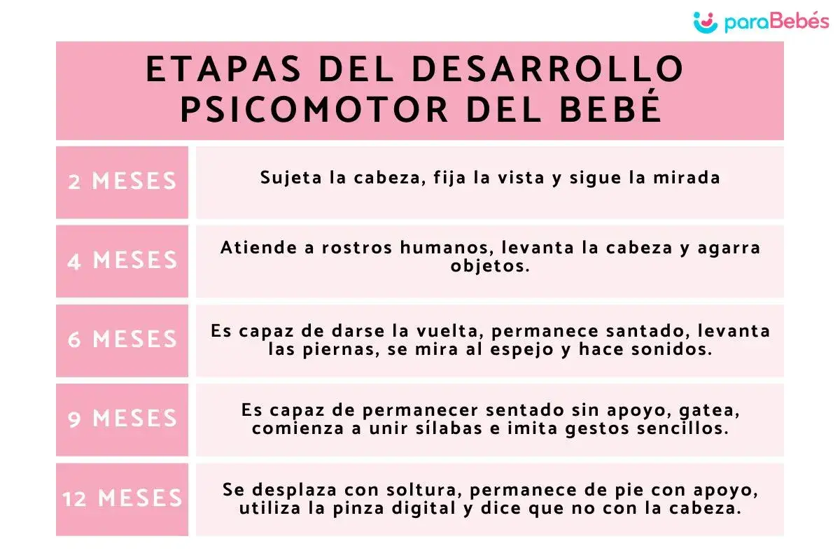 Tabla de desarrollo psicomotor del bebé. A los 12 meses, el bebé se desplaza, se pone de pie con apoyo y dice