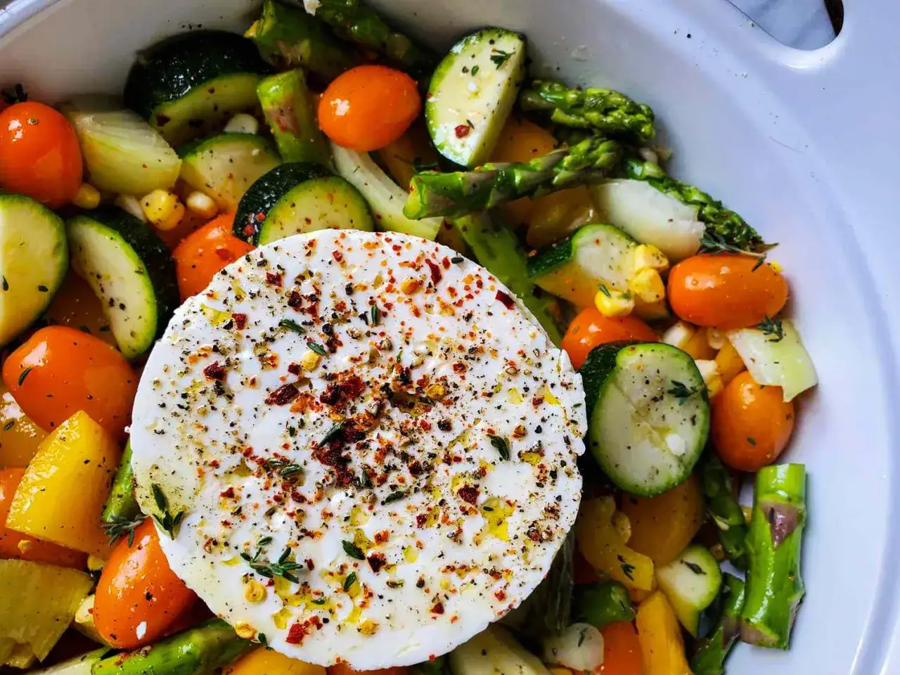 Bunter Gemüsemix mit Feta, perfekt für leichte Feta Rezepte. Spargel, Zucchini, Tomaten und Mais.