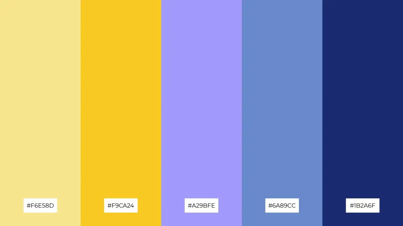 A palette featuring a bright mustard yellow, its complementary colors of soft lavender and deep navy, and pale yellow.