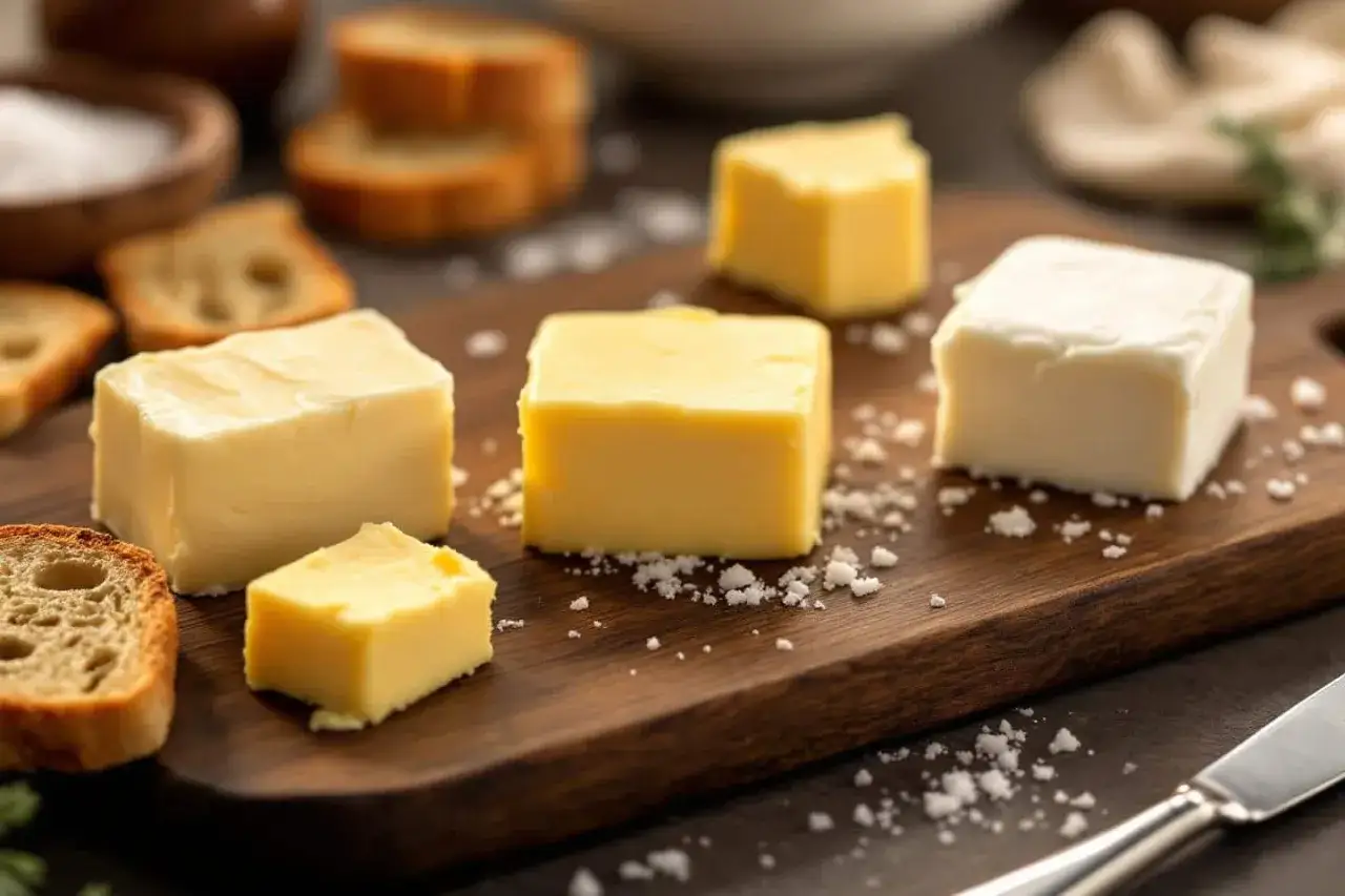 Cubes de beurre jaune et blanc sur planche en bois, accompagn&eacute;s de toasts et de sel. Un d&eacute;lice pour tartiner.
