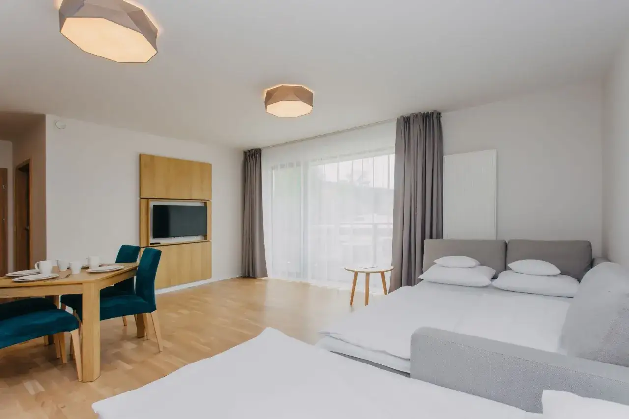 Apartament suite to przestronne wnętrze z jadalnią, TV i wygodnym łóżkiem.