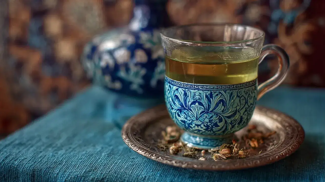 Ein Glas mit blau-weißem Muster, gefüllt mit goldenem Tee. Auf dem Silbertablett liegen getrocknete Kräuter. Ein Moment der Ruhe, tee statt kaffee.