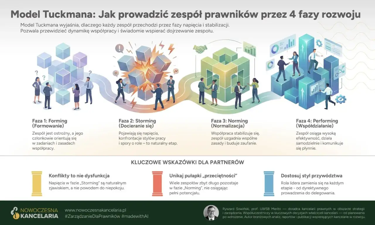 Model Tuckmana przedstawia 4 fazy rozwoju zespołu: Formowanie, Docieranie się, Normalizacja i Współdziałanie. Kluczowe wskazówki dla partnerów dotyczą zarządzania konfliktami i dostosowania stylu przywództwa.