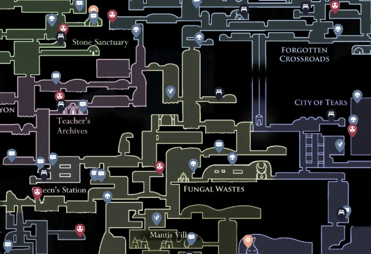 Mapa de Hallownest con marcadores. Busca fragmentos de vasija en Stone Sanctuary, Teacher's Archives, Fungal Wastes y City of Tears.