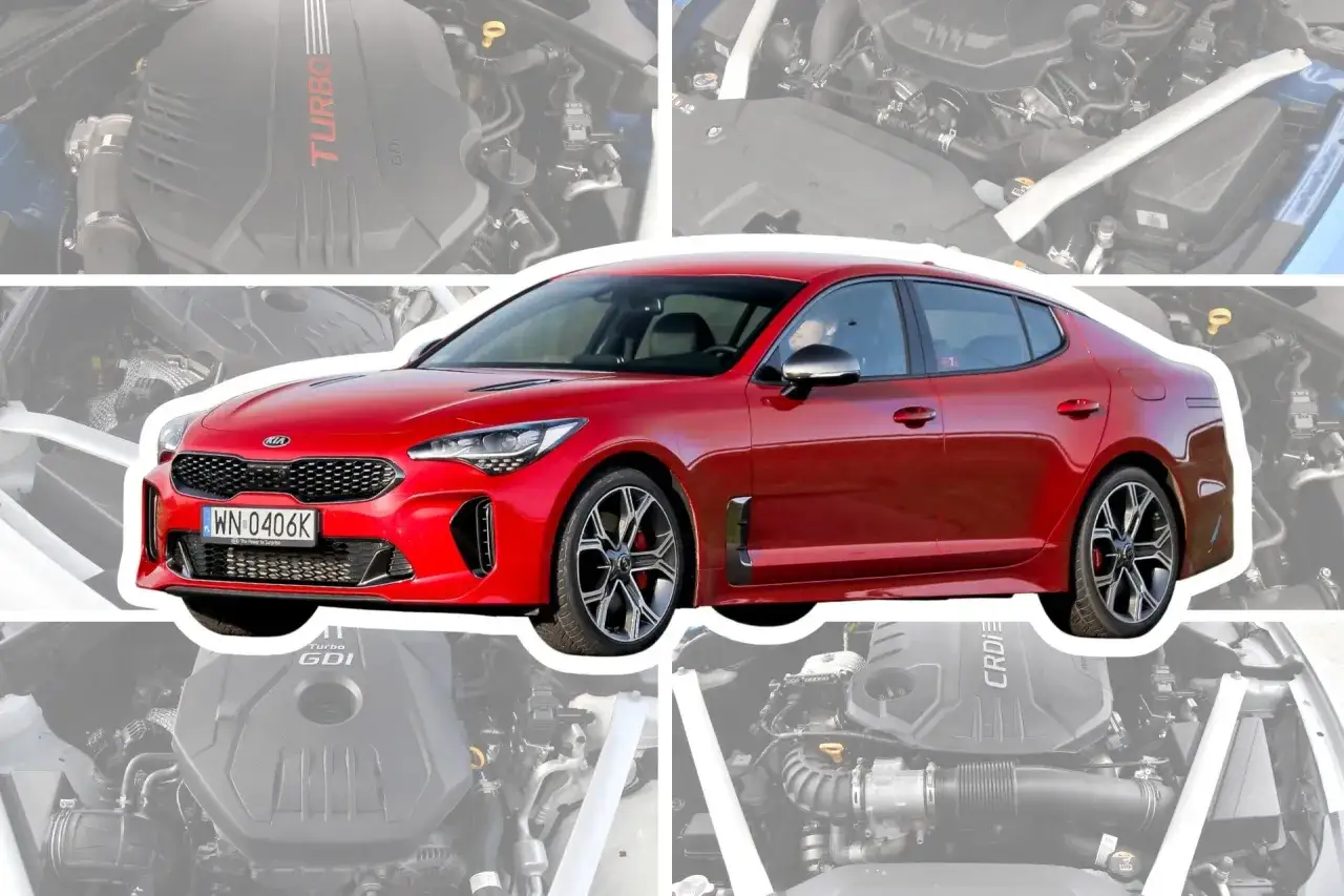 Czerwony Kia Stinger GT z widocznym silnikiem Turbo GDI.
