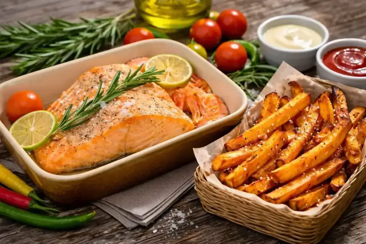 Un délicieux saumon au air fryer, servi avec des crevettes, des frites croustillantes, des tomates cerises et des sauces.