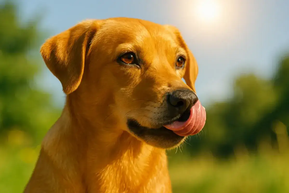 Un chien roux, sous le soleil, fait du bruit avec sa langue, l&egrave;che ses babines.