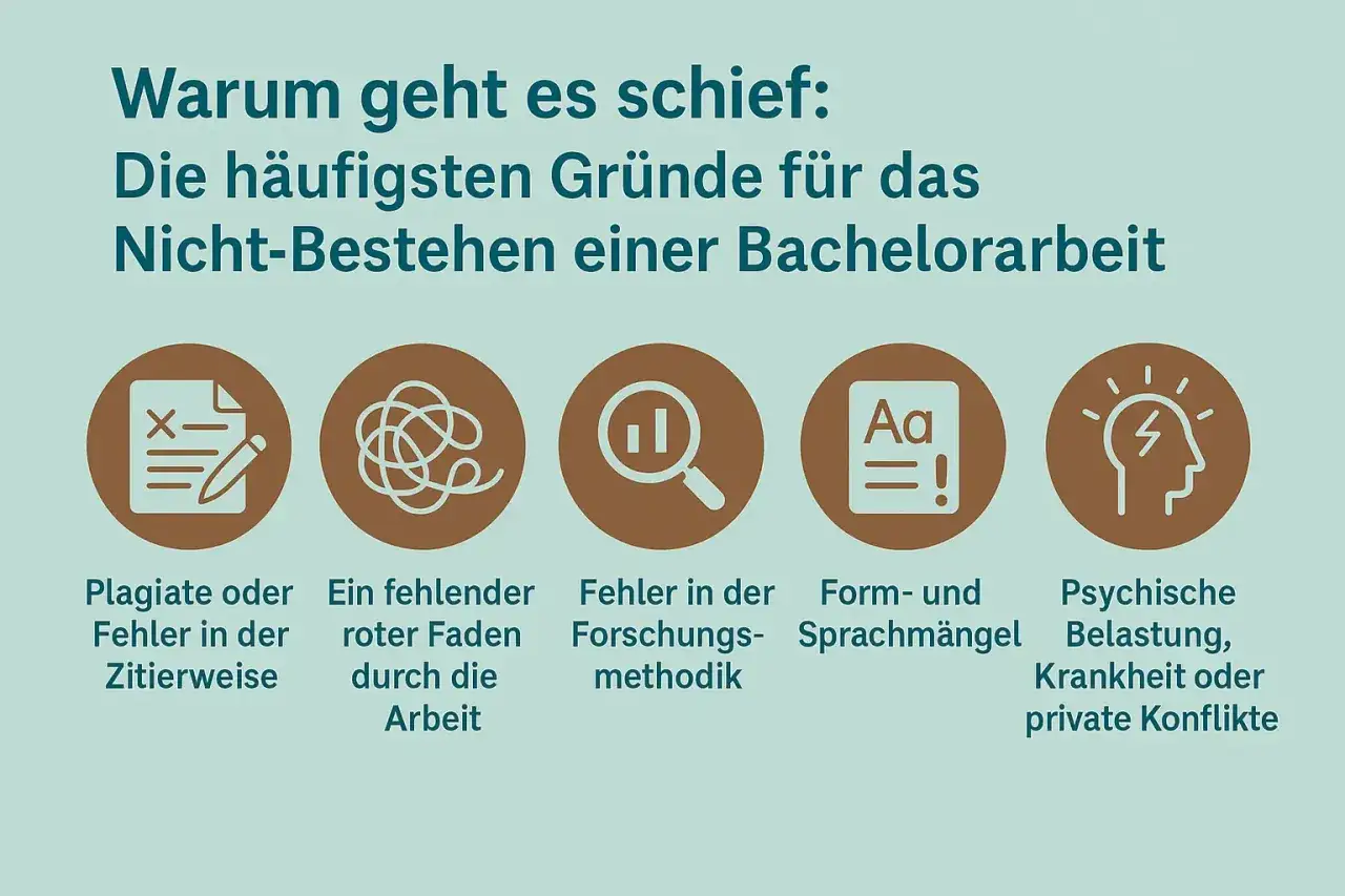 Gründe für das Nicht-Bestehen einer Bachelorarbeit: Plagiate, fehlender roter Faden, Forschungsmängel, Form-/Sprachfehler, psychische Belastung.