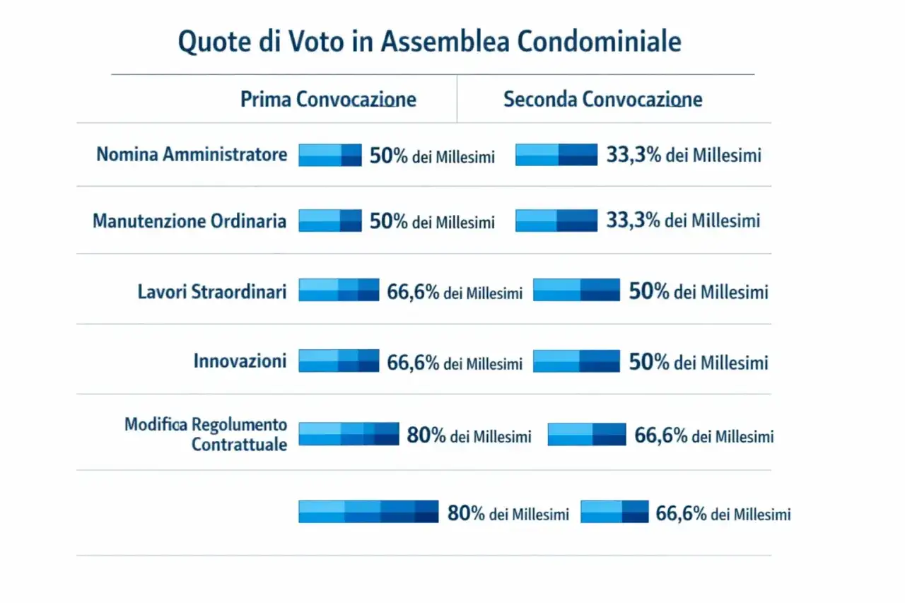 Tabella quote di voto in assemblea condominiale. Lavori straordinari e innovazioni richiedono maggioranze pi&ugrave; alte, ma la modifica del regolamento contrattuale &egrave; la pi&ugrave; complessa da approvare senza consenso comproprietari.