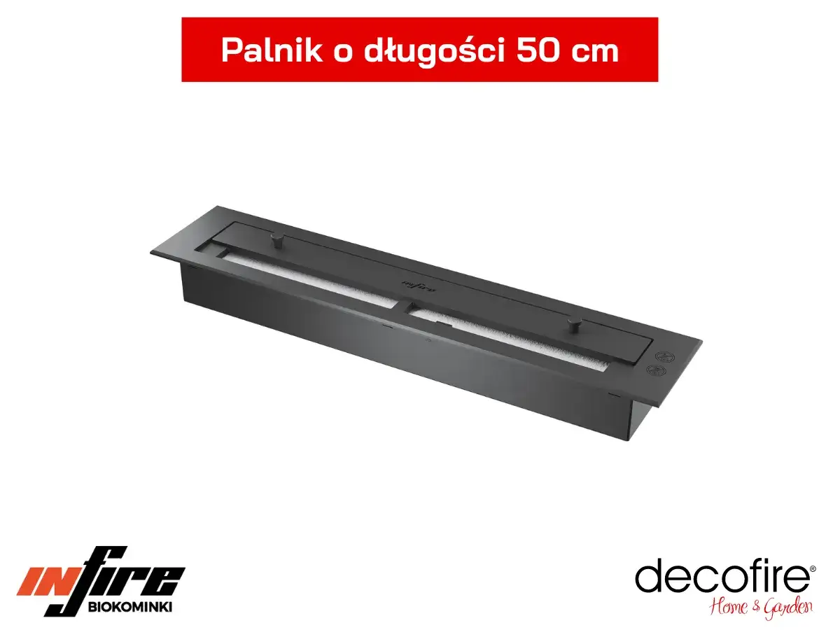 Elegancki, czarny palnik na biopaliwo o długości 50 cm, idealny do nowoczesnych wnętrz.