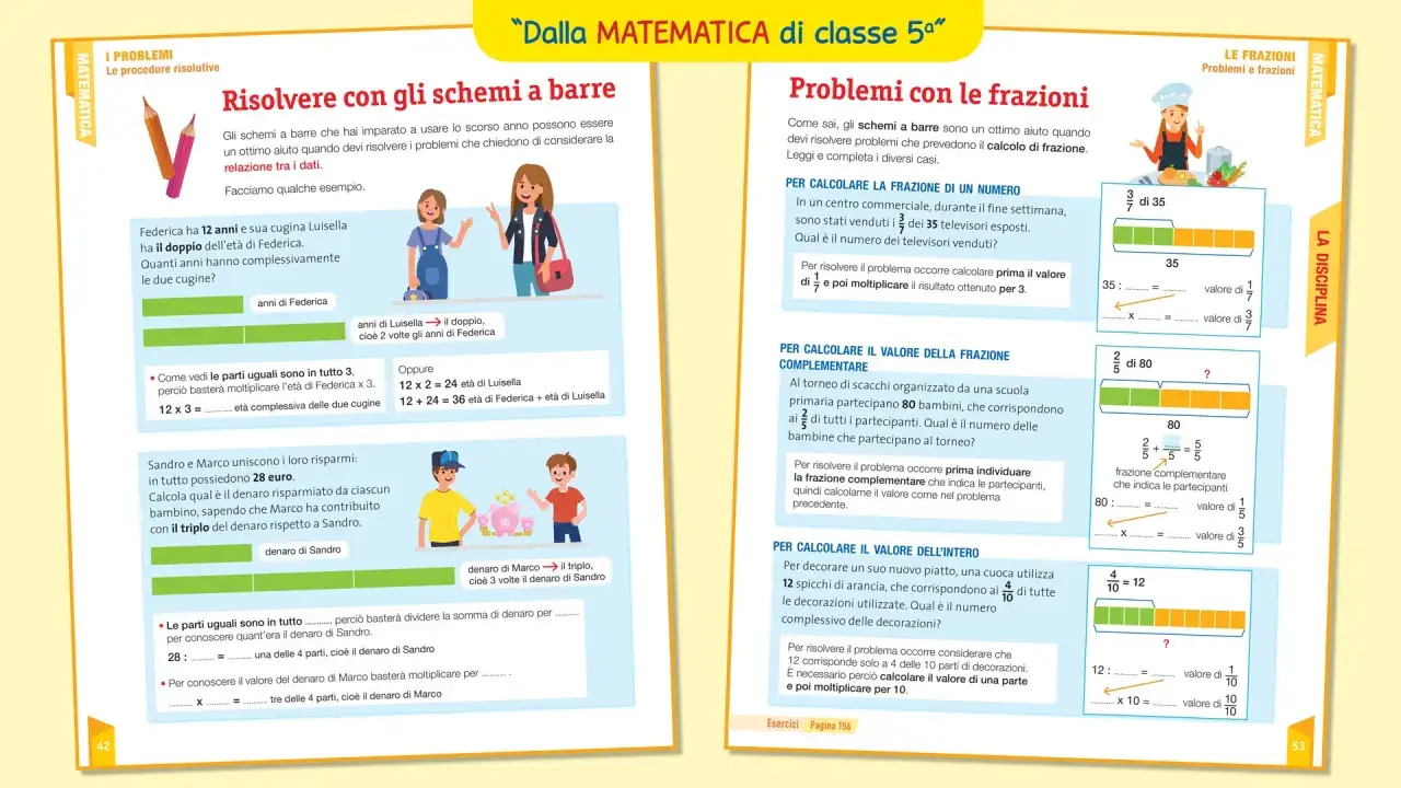 Esercizi di problem solving semplici con schemi a barre e frazioni per bambini di quinta elementare.