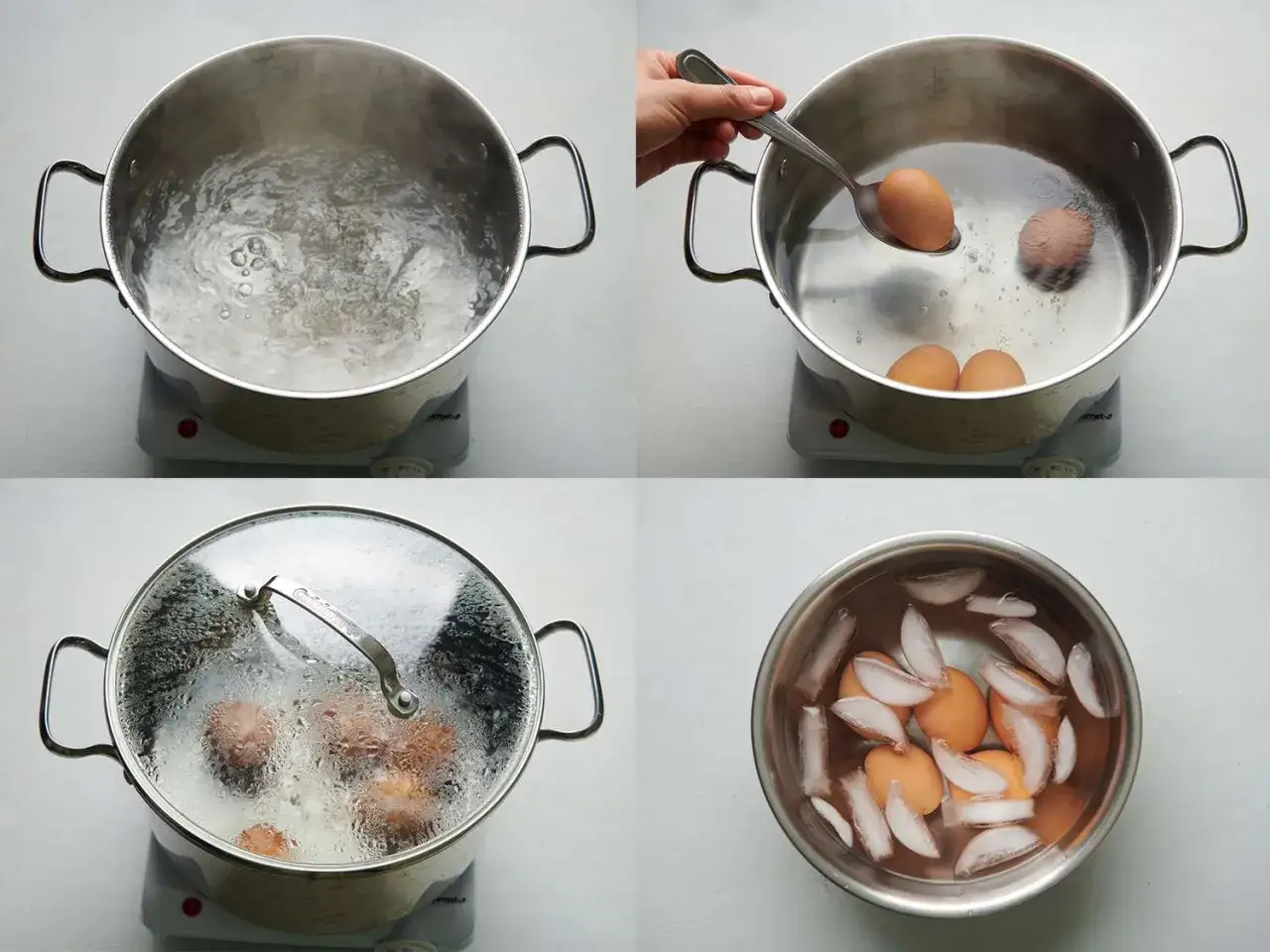 Cocinar huevos duros en pocos minutos: agua hirviendo, añadir huevos, tapar y enfriar en agua con hielo.
