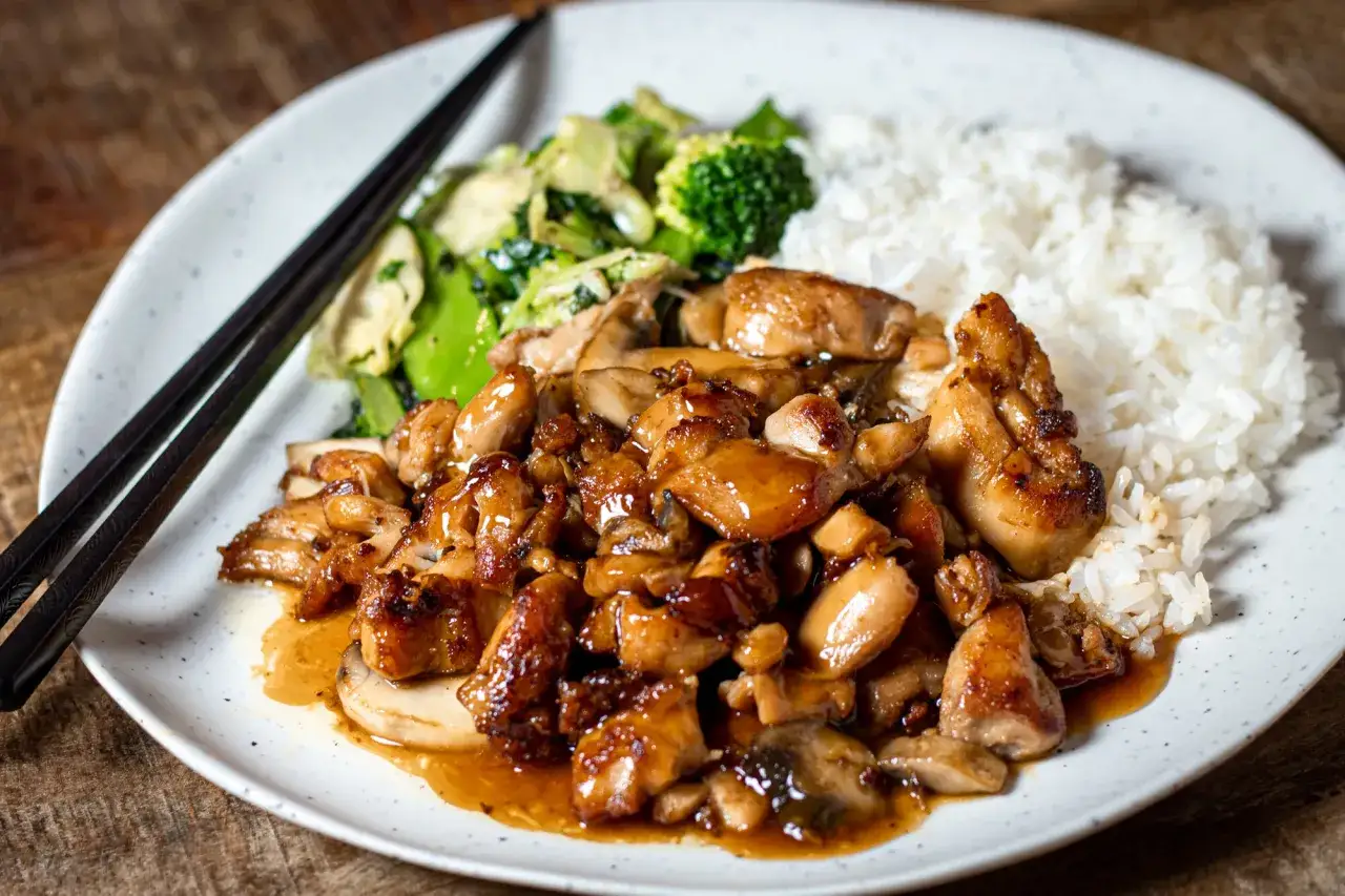 Pyszny kurczak po japońsku w sosie teriyaki, podany z ryżem i warzywami.