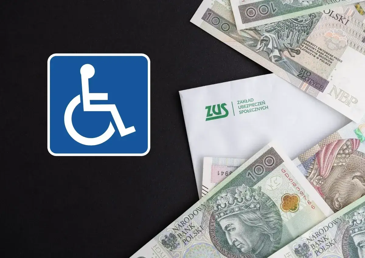 Symbol osoby na wózku inwalidzkim obok koperty ZUS i polskich banknotów. Symbolizuje renta inwalidzka.