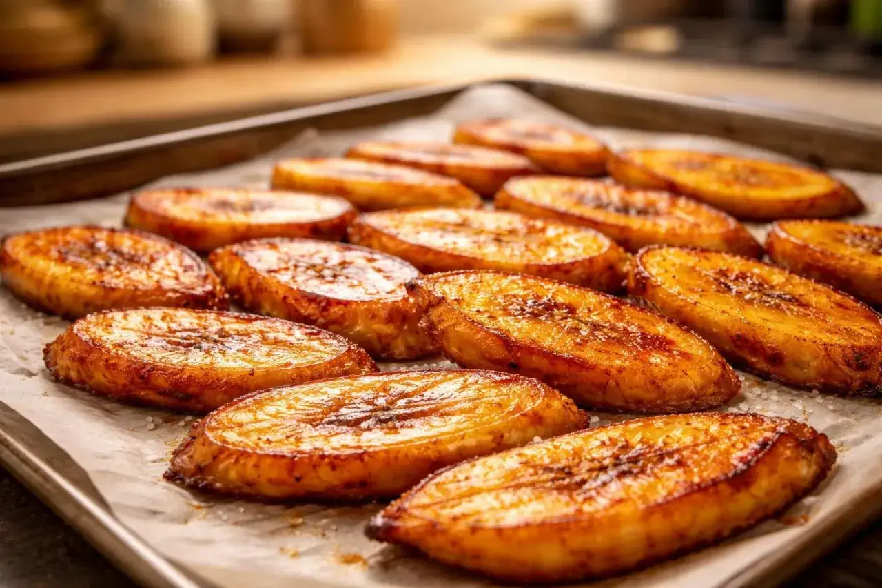 Tranches dorées de banane plantain caramélisées, disposées sur une plaque de cuisson. Un délice sucré et salé.