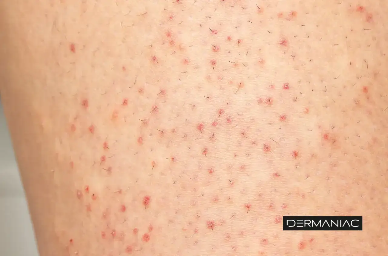 Primer plano de la piel con múltiples puntos rojos e inflamados, indicativos de **acné en la espalda**. Se aprecian pequeños vellos oscuros.