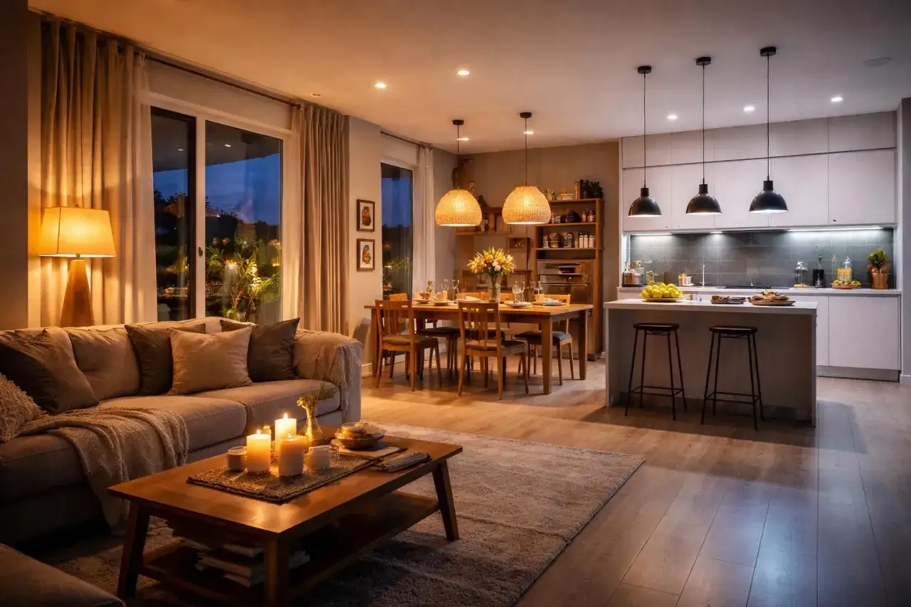 Un sal&oacute;n-comedor moderno con luz c&aacute;lida neutra y fr&iacute;a. Sof&aacute; acogedor, mesa de comedor y cocina abierta.