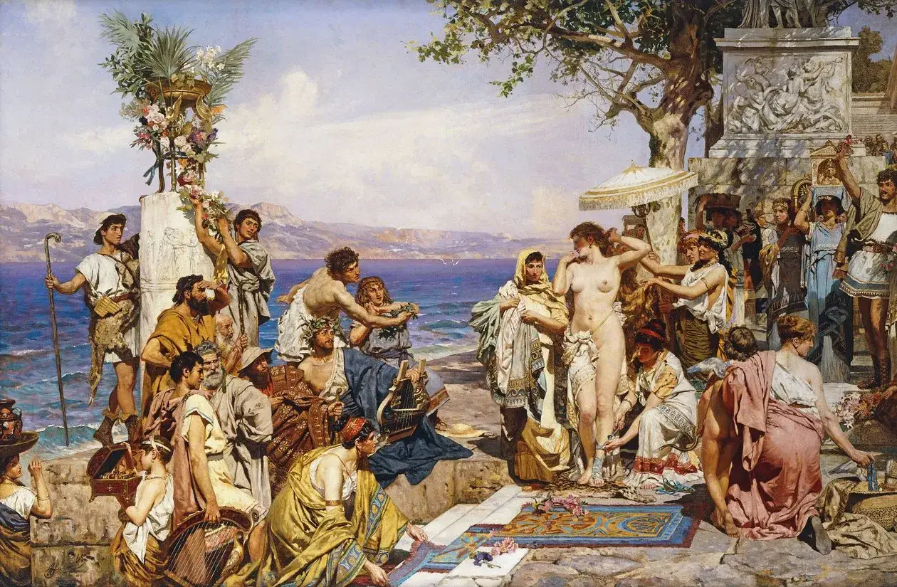 Een groep mensen viert de geboorte van Venus, de godin van de liefde, met bloemen en muziek. De zee, het domein van de griekse god van de zee, vormt de achtergrond.