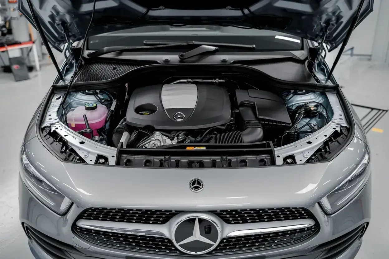 Le capot ouvert révèle le moteur Mercedes, une merveille d'ingénierie, prêt à rugir. Pas de moteur Renault ici, juste la puissance allemande.