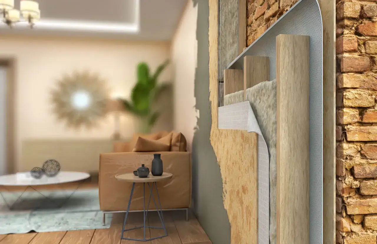 Corte de pared que muestra cómo aislar una pared con capas de aislamiento, madera y ladrillo. Interior de salón al fondo.