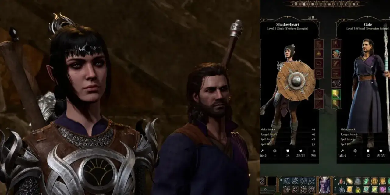 Personajes de Baldur's Gate 3, Shadowheart y Gale, con sus estadísticas. Una guía visual para tu aventura.