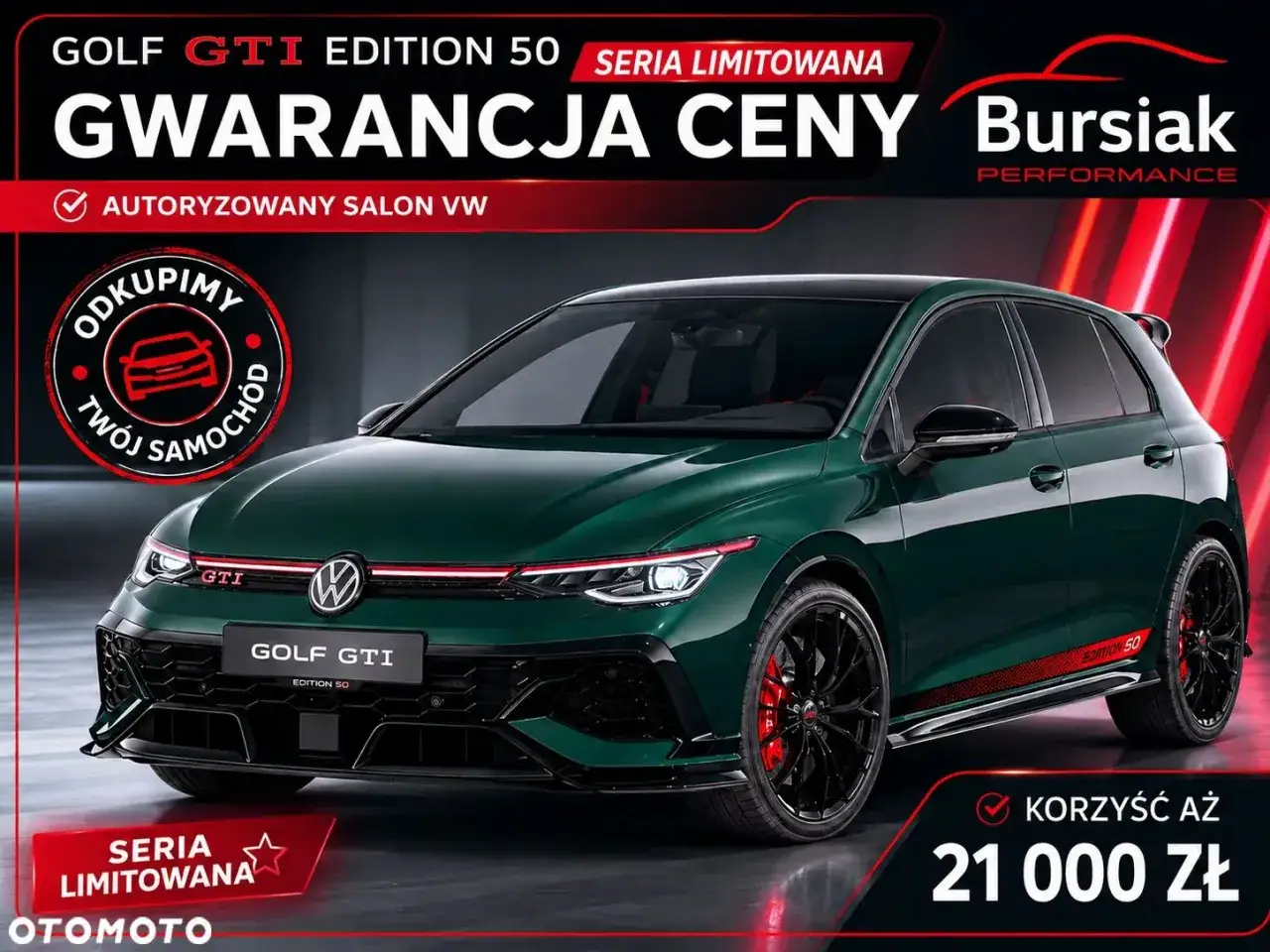 Zielony Golf GTI Edition 50, limitowana seria, z gwarancją ceny i rabatem 21 000 zł.