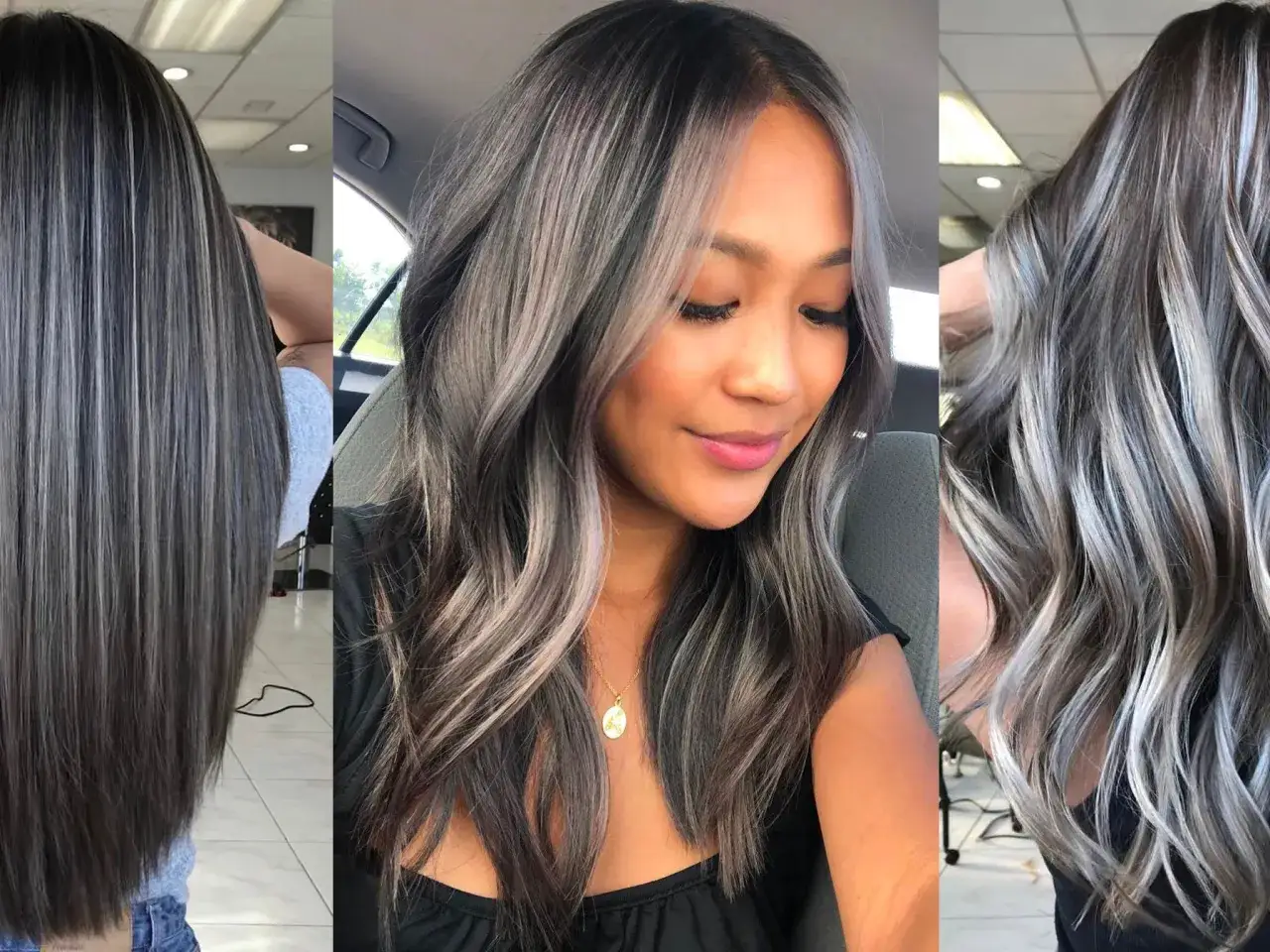 Cabello oscuro con mechas plateadas y grises, un estilo moderno para disimular canas en pelo oscuro.