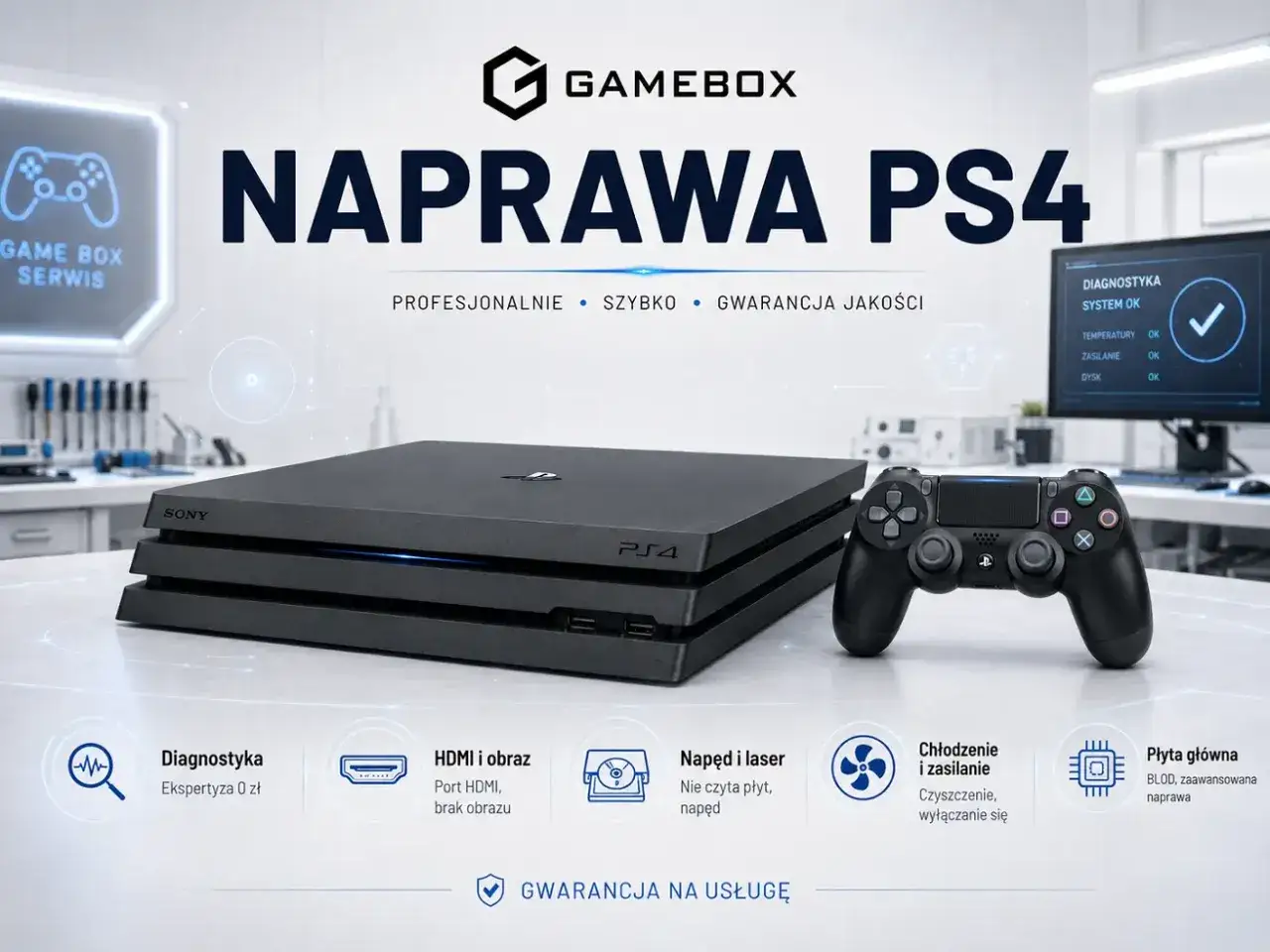 Profesjonalna naprawa PS4 w Gamebox. Szybko, z gwarancją jakości. Diagnostyka, HDMI, napęd, chłodzenie, płyta gł&oacute;wna.