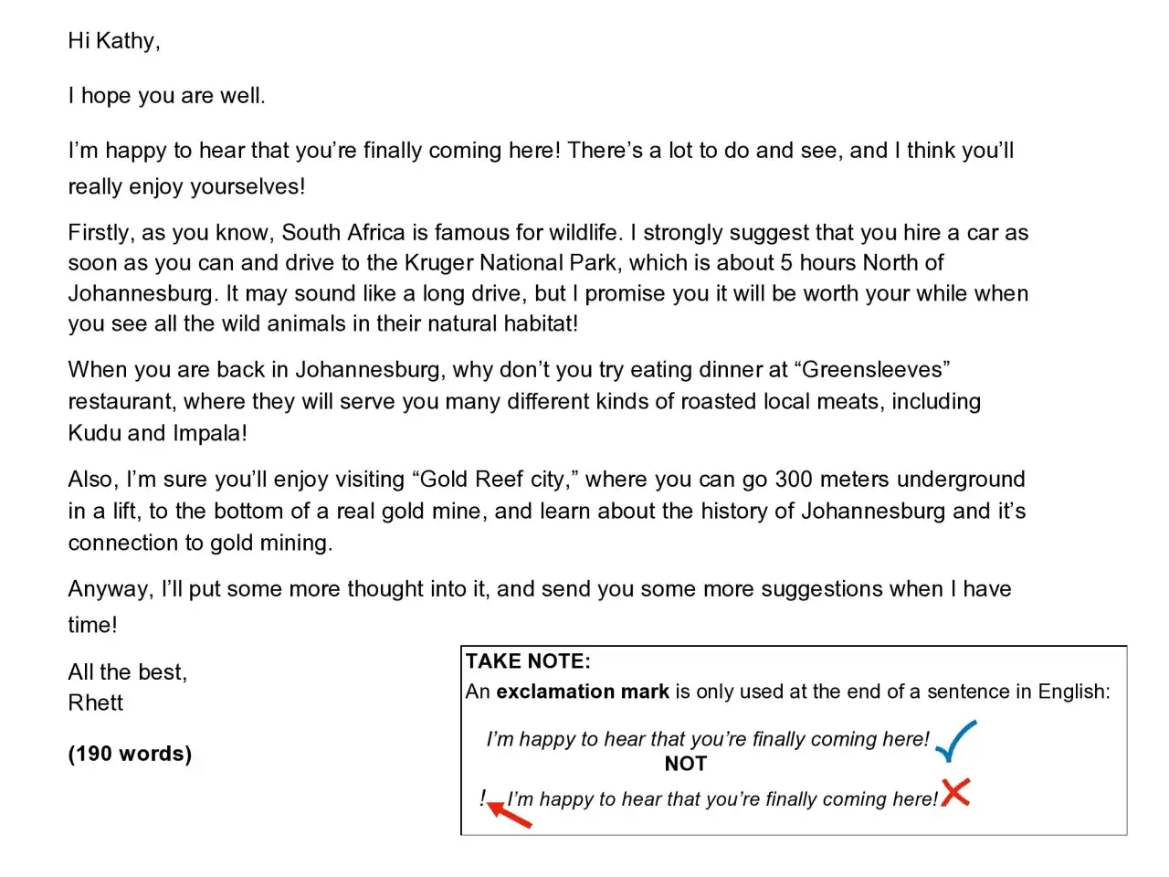 Email po angielsku do kolegi z poradami o RPA, Kruger Park i restauracjach.