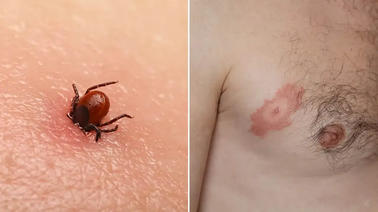 Larwa kleszcza w skórze, widoczna na zbliżeniu, obok rumienia wędrującego na klatce piersiowej.