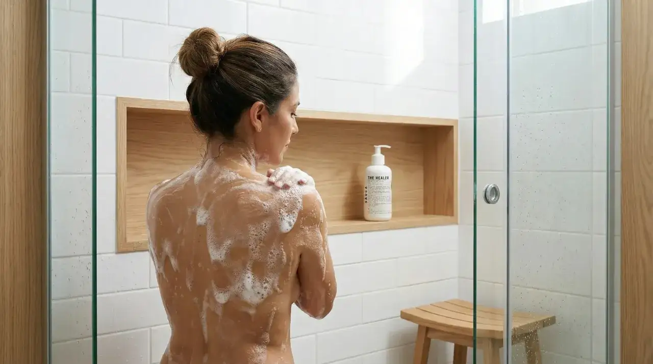 Mujer en la ducha con espuma, cuidando su piel. Preg&uacute;ntate cada cuanto exfoliar el cuerpo para una piel radiante.
