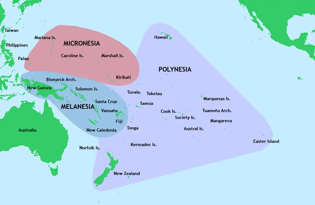 Mapa przedstawiająca podział na Mikronezję, Melanezję i Polinezję, kluczowe regiony Oceanii, z zaznaczonymi wyspami i kontynentami.