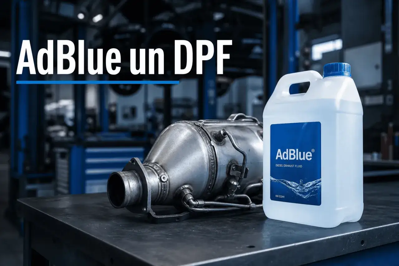 AdBlue: cos'è questo liquido essenziale per il tuo DPF? Un flacone di AdBlue accanto a un filtro antiparticolato.