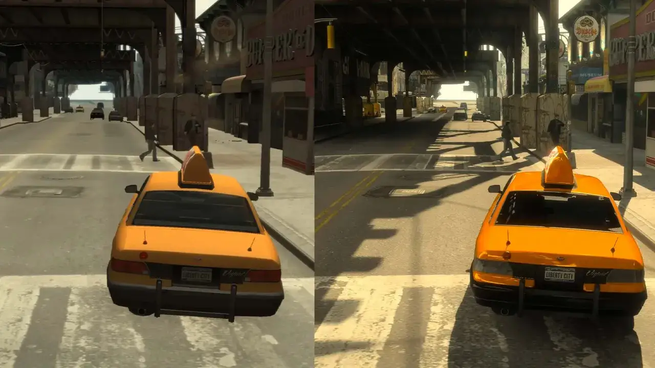 Porównanie grafiki GTA 4 na PS5: żółta taksówka jedzie ulicą Liberty City pod wiaduktem, obok sklepów.