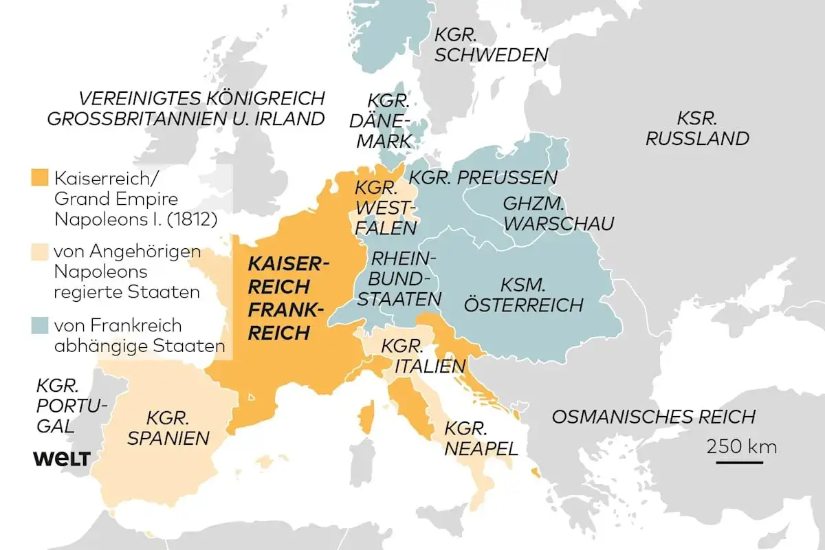Karte Europas um 1812: Das Kaiserreich Frankreich und abhängige Staaten dominieren, ein Echo der napoleonischen Kriege.