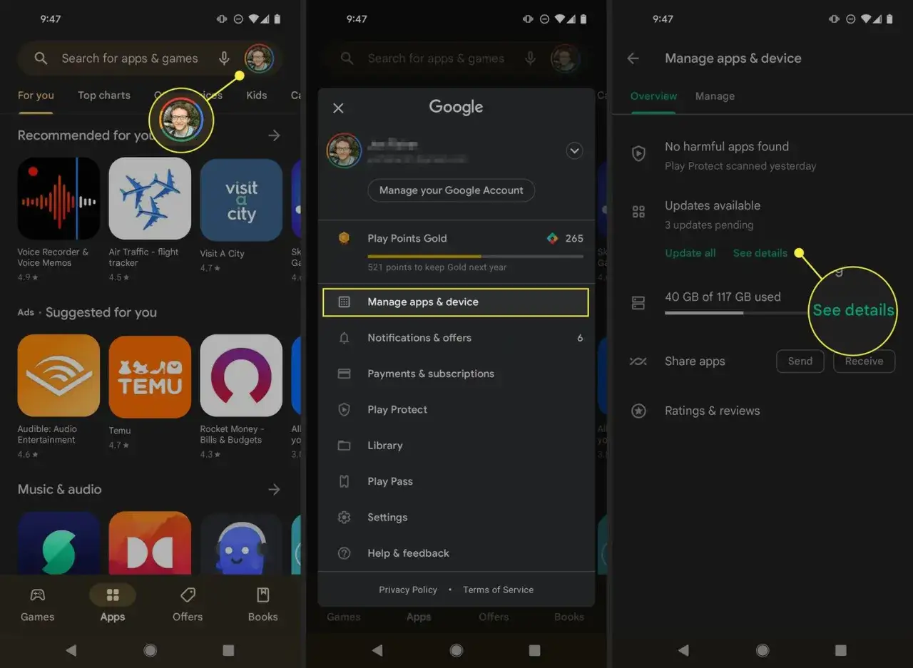 Visar hur man uppdaterar en app i Google Play Butik. Tryck p&aring; 