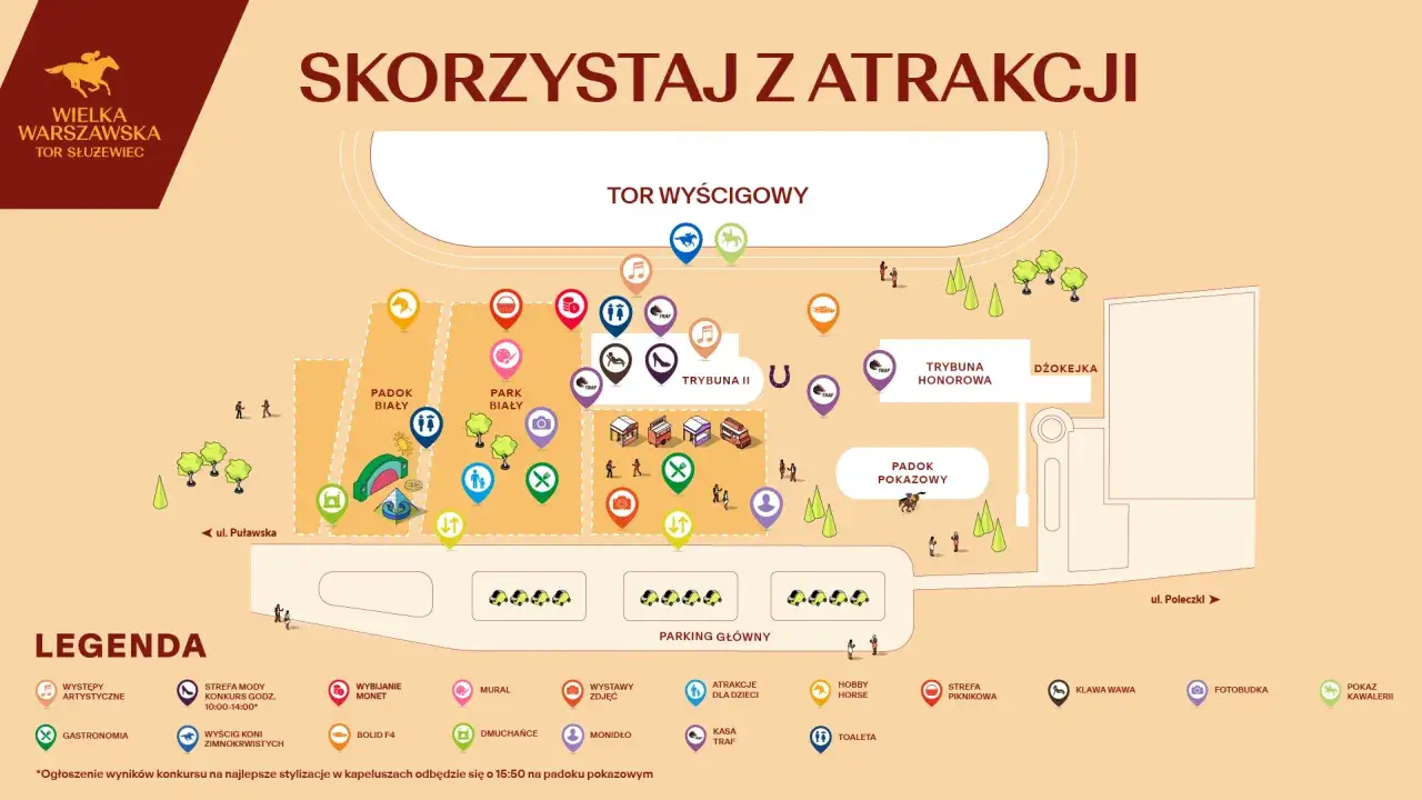 Mapa toru wyścigowego Warszawa Służewiec z atrakcjami: parkiem, padokami, trybunami, gastronomią i parkingiem.